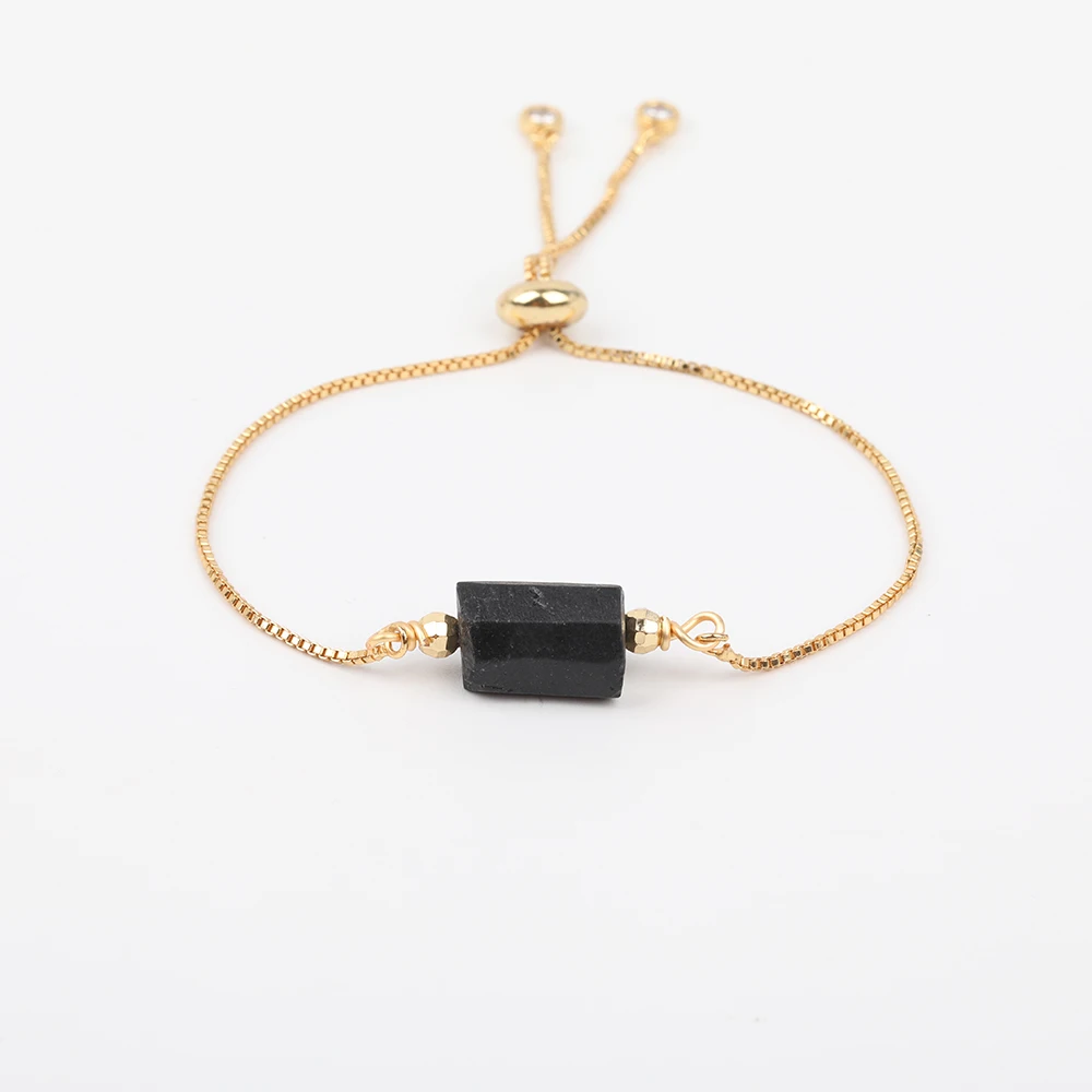 10Pcs/Lot Natural Black Tourmaline Single Nugget Chip Beads Gold Tennis Chains Adjustable Bracelet Jewelry For Women N0456JBD