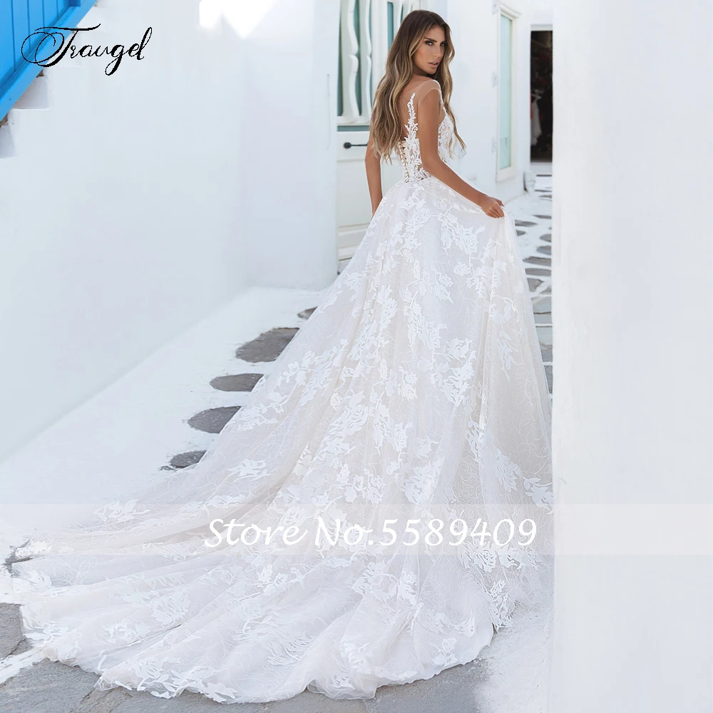 Traugel Illusion Scoop A Line Lace Wedding Dresses Elegant sleeveless Bridal Dress Chapel Train Wedding Gown for Bride Plus Size