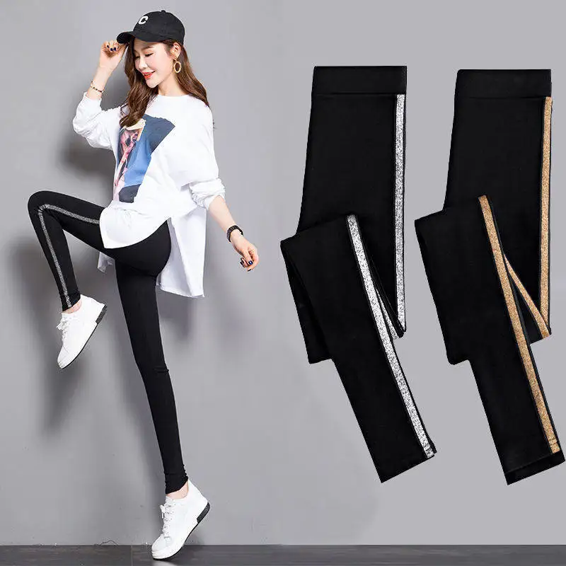 

Spring and Autumn Side Striped Pants Women's Tight Sports Pants Leggings Thin Stretch Slimming Hip Raise Breathable