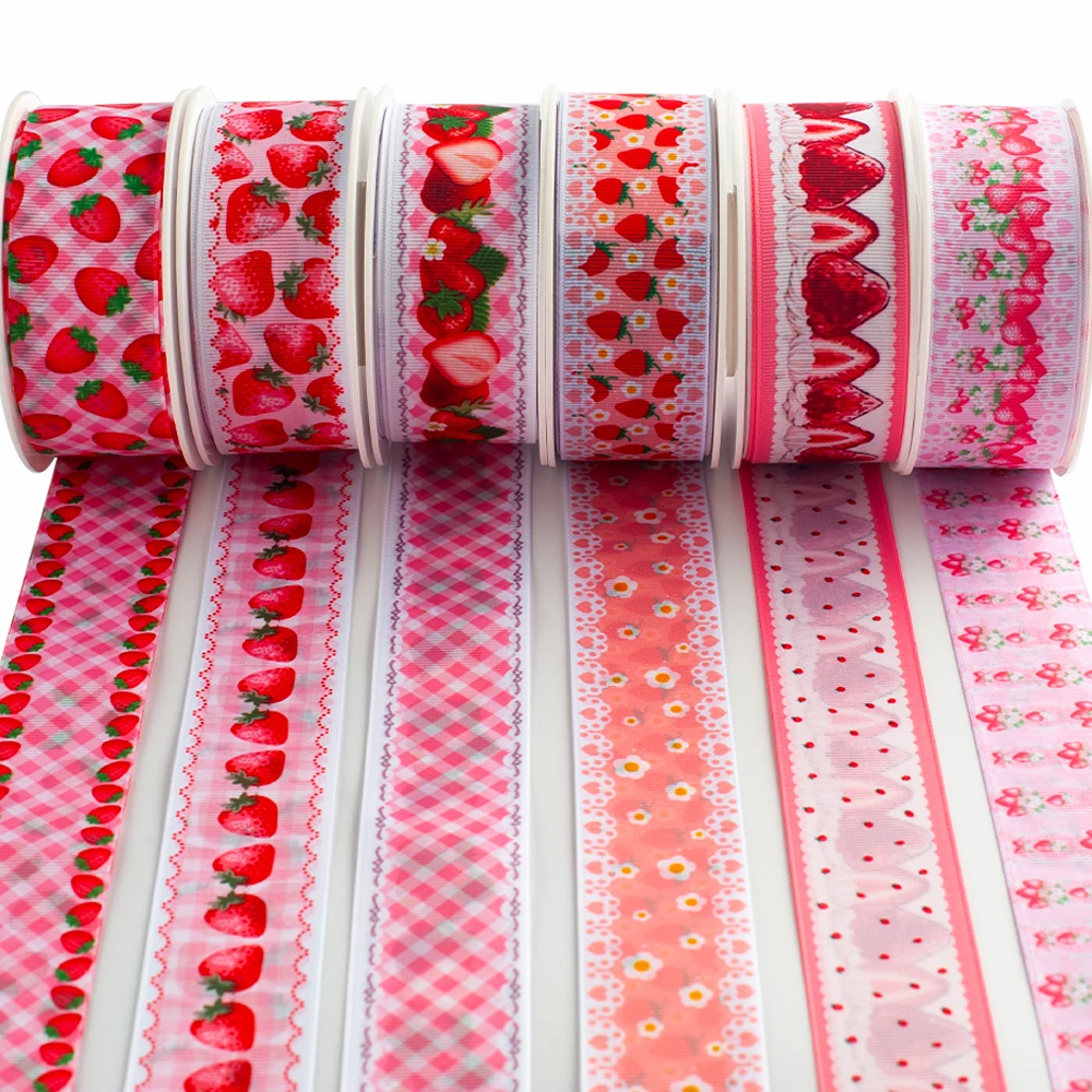 

New Pink Strawberry Pattern Fruit Double Side Printed Grosgrain/Satin Ribbon 50 Yards