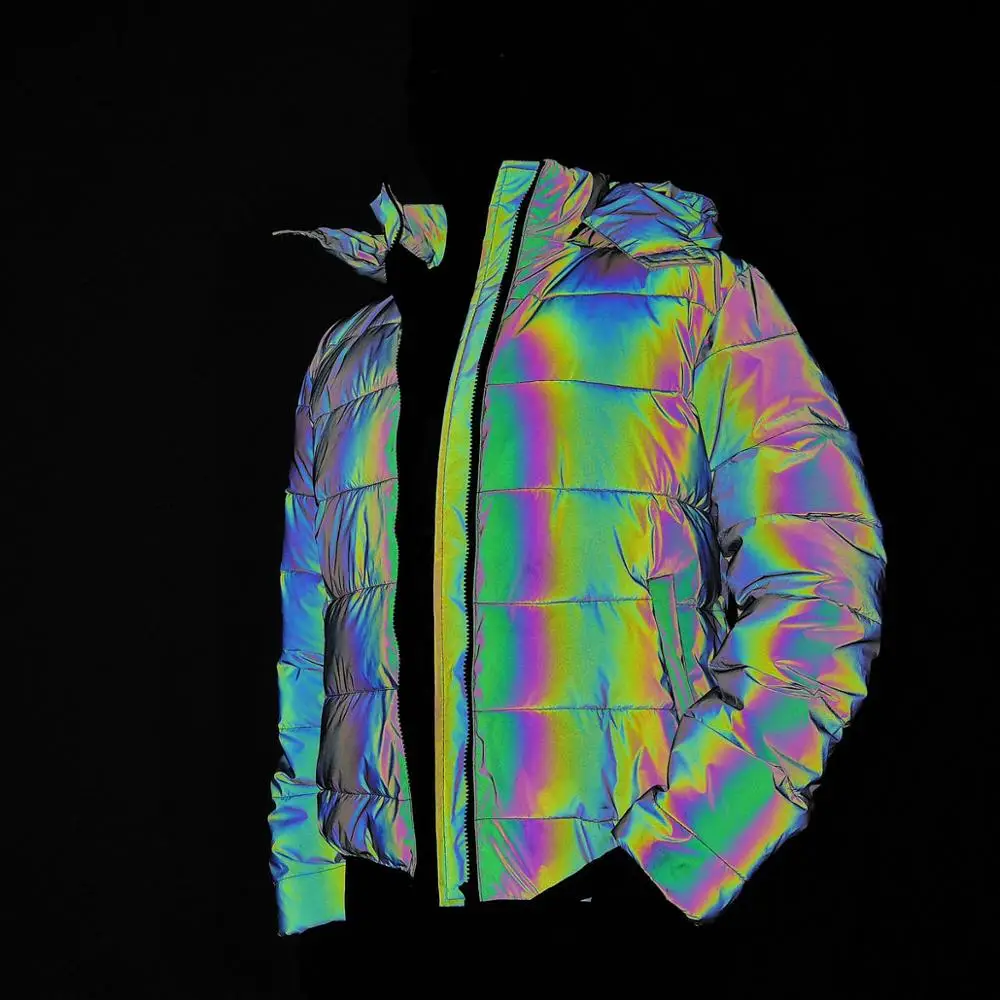 Women Colorful Rainbow Reflective Winter Jacket Windbreaker Reflecting Glow Hooded Parka Young Men Warm Padded Coat DropShipping