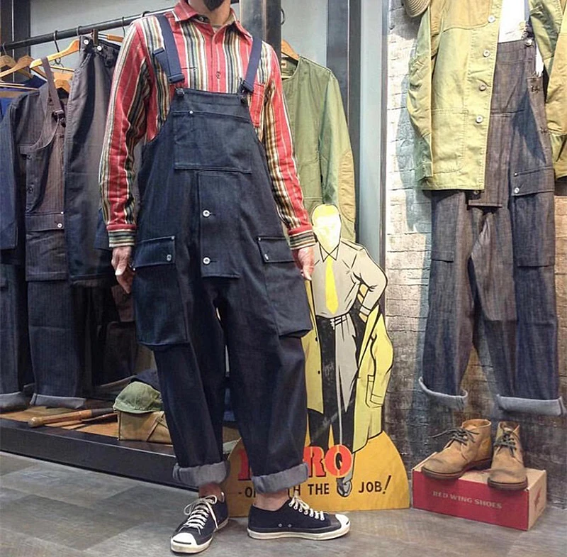 Denim Bib Siamese Overalls Jeans Mens Cargo Work Pant Functional Multiple Pockets Pants Coveralls Men Loose Dark Blue Trousers