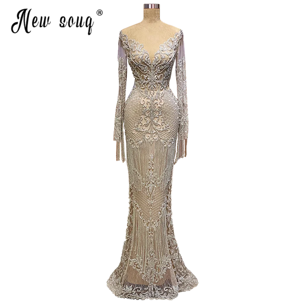 Muçulmano nude prata overskirt borla beading vestidos de noite 2022 cristais sereia luxo elegante para a festa da mulher