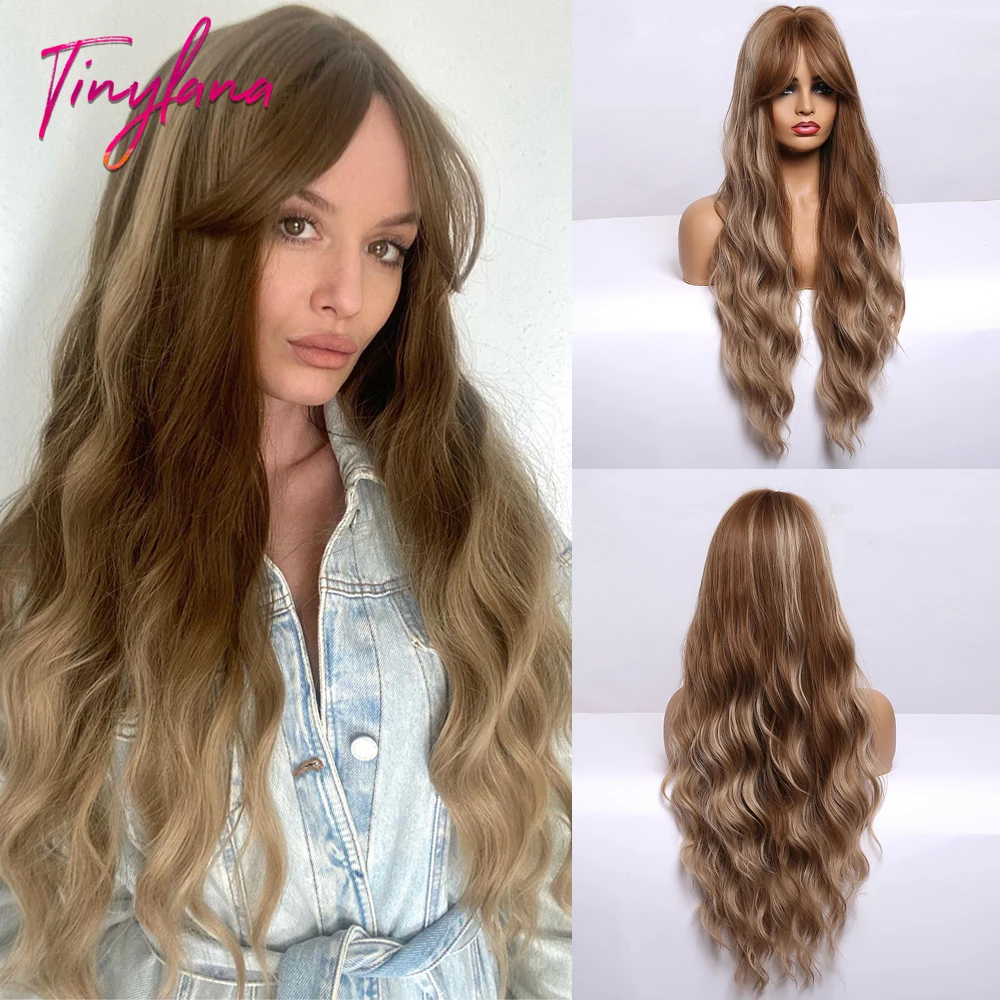 TINY LANA Synthetic Long Body Wave Hair Wigs Brown to Blonde Ombre Wig with Bangs for Women Natural Cosplay Heat Resistant Hair