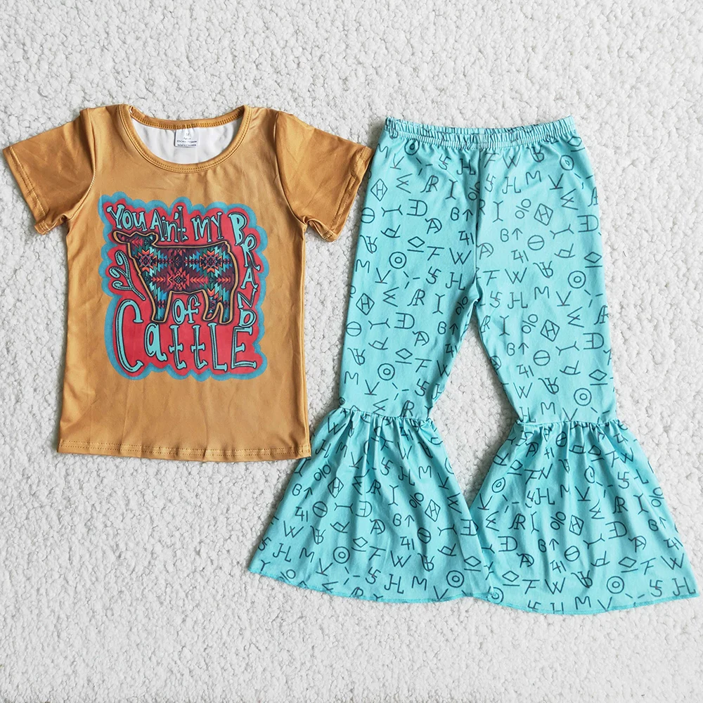 

Wholesale Baby Girl Clothes Short Sleeve Tee Shirt Top Bell Bottom Pants Spring Kids Outfits Fashion Girls Children Clothing Set