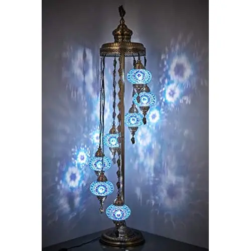 

LaModaHome - 7 Big Globes English Moroccan Mosaic Floor Lamp Light, Bohemian Boho Tiffany Colorful Mosaic Floor Lamp, 5 '(Blue)