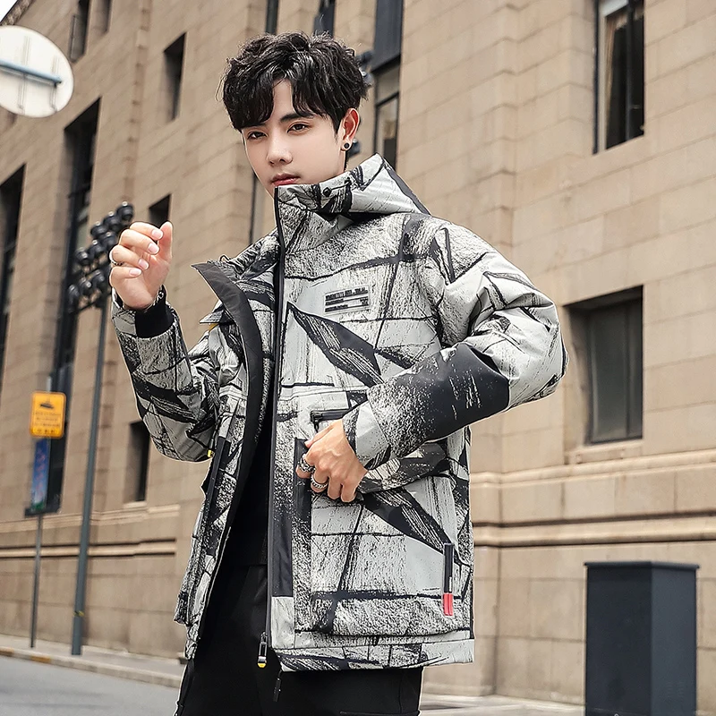 Winter Men\'s Hooded Down Jackets Fashion Korea Style Thick Warm White Duck Down Coats Man Printed Puffer Jacket Male JK-9812