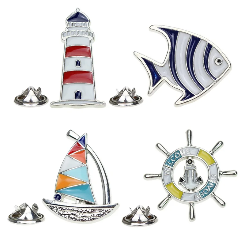 Navy style badge cartoon tropical fish metal brooch creative sailboat lighthouse rudder cartoon brooch lapel pin small gift