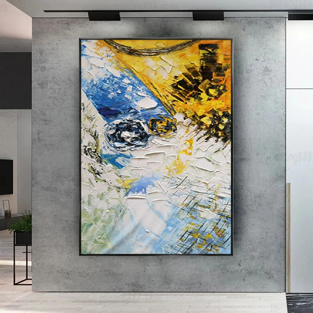 لوحات زيتية مرسومة يدويًا طلاء سكين تجريدي أصفر وأبيض نسيج زيتي سميك صورة قماشية ديكور منزلي لوحة معلقة #6