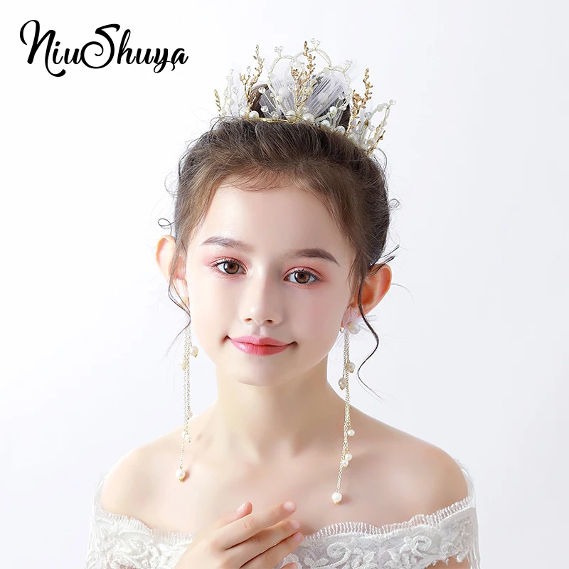 

NiuShuya Handmade Tiara Hair Crown Kid Girl Bridalmaid Princess Prom Party Accessories Children Adjust Princess Prom Headpiece