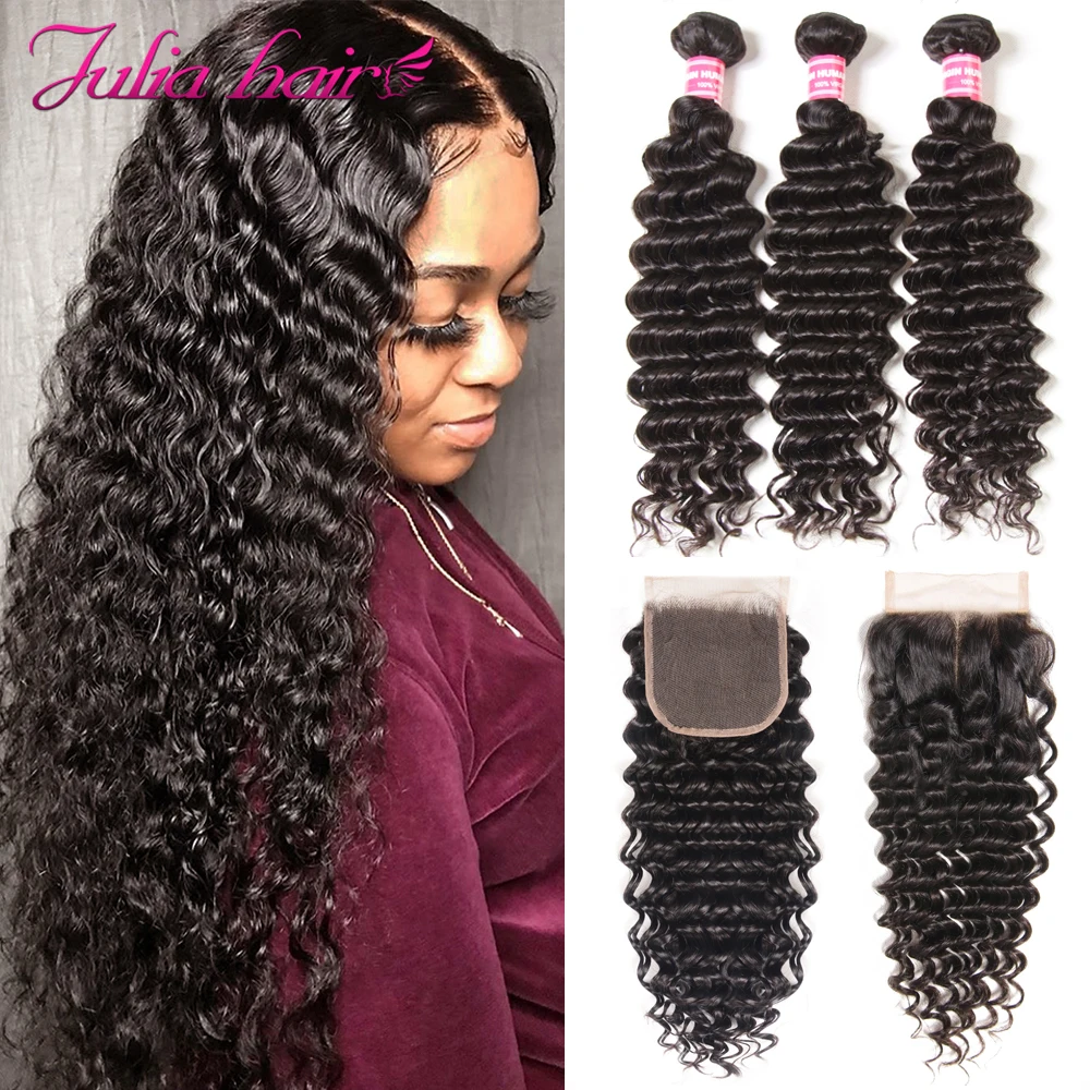 Peruvian Deep Wave Hair Bundles with Closure Pre Plucked Remy Human Hair Bundles with Closure Ali Julia 3 Bundles with Closure