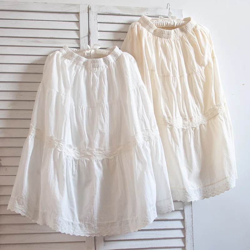 TIYIHAILEY-Mid-Calf Elastic Waist A-Line Skirts, White Cotton Lace, Long, Beige, New Fashion, Spring and Summer, 2024