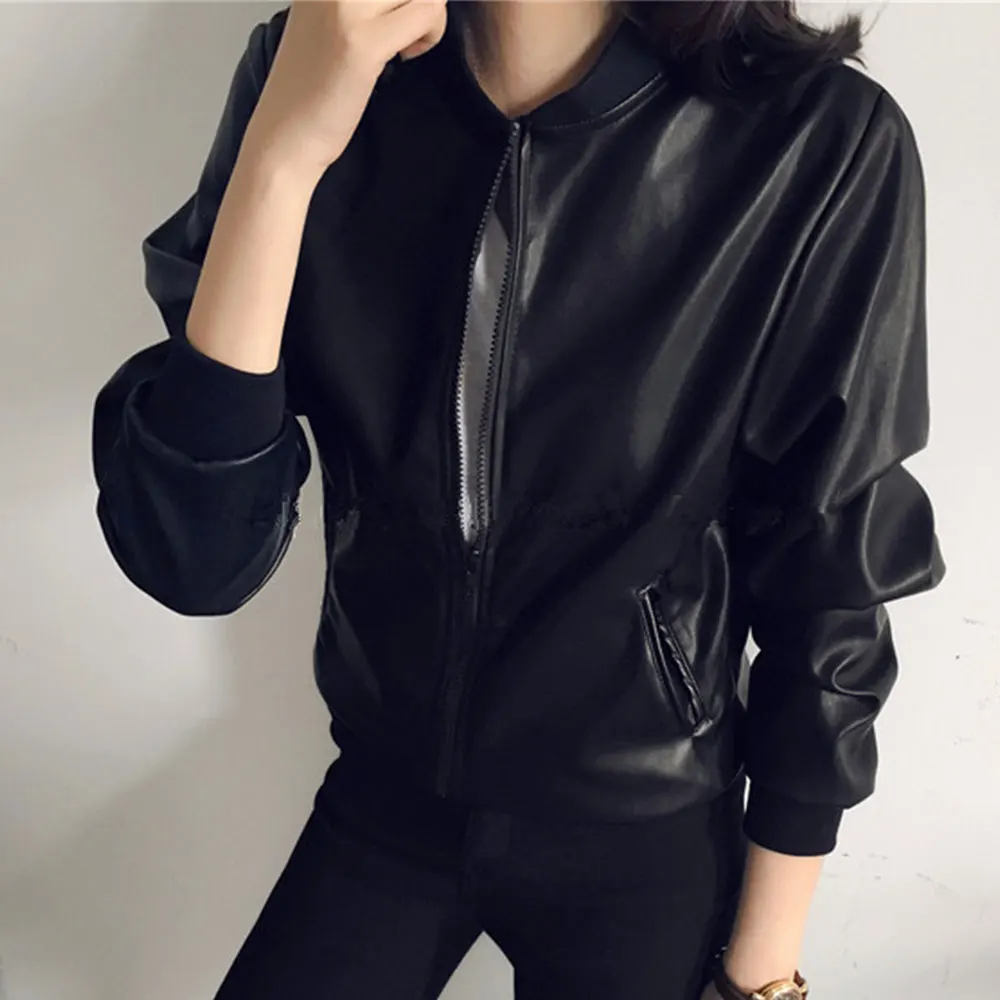 Jocoo Jolee Women Loose PU Faux Leather Jacket Korean Zipper Bomber Coat Autumn Black Moto Biker Jacket Oversized Outwear