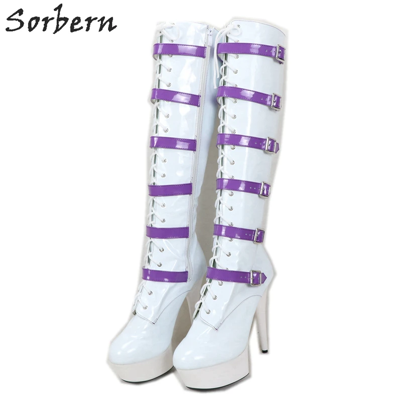 Sorbern High Heels 15Cm Platform Bota Feminina Slim Heel Boot 44 Long Boot Woman Heel Platform Buckles Wrapped Punk Style Shoes