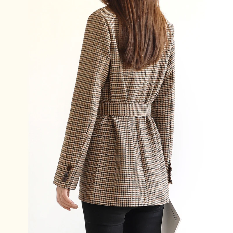 BGTEEVER Vintage Houndstooth Winter Thick Women Jacket Blazer Sashes Plaid Female Suit Jacket with belt Long Sleeve blaser 2021