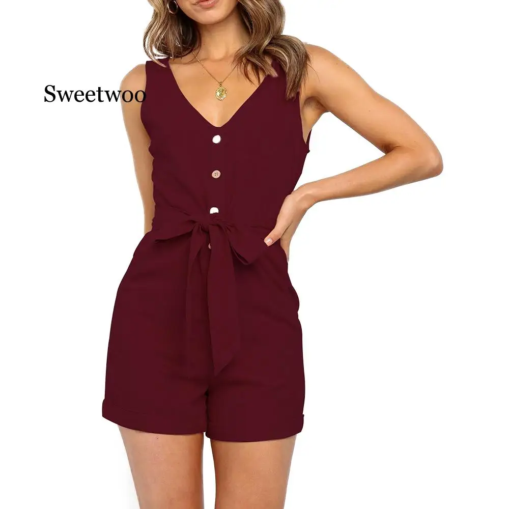 ผู้หญิง Playsuits เซ็กซี่ V คอปุ่มแขนกุด Sashes Cotton Playsuits Casual Slim กระเป๋าสีดำสั้น Jumpsuit Femme Rompers