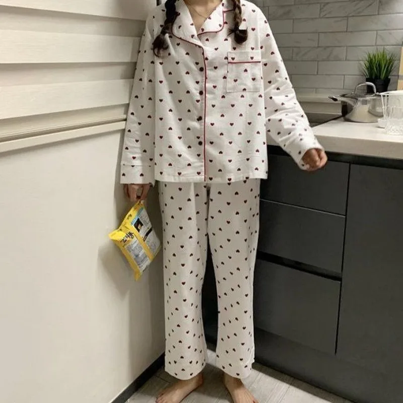 Pajama Sets Spring Autumn Basic Soft Kawaii Print Ulzzang Fashion Ladies Sleepwear College Oversize Popular Femme Homewear Chic