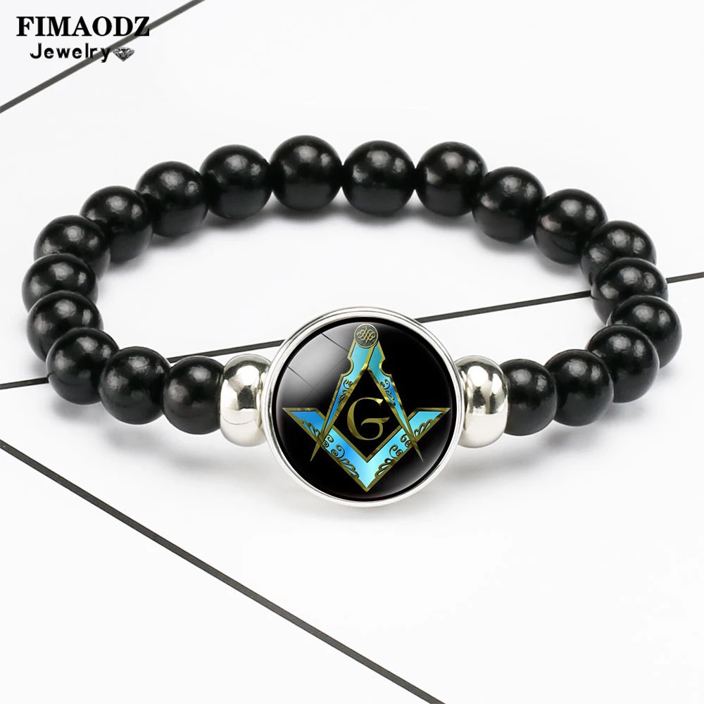 FIMAODZ Free Mason Beaded Bracelet Masonic Symbol Glass Dome Punk Wristband Bangles Gift for Freemason