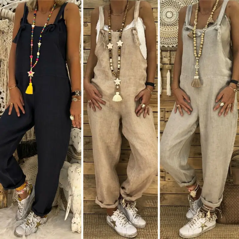 

Women Dungarees Wide Leg Playsuit Ladies Summer Casual Cotton Sleeveless Loose Jumpsuit Pants Overalls Rompers Plus Size