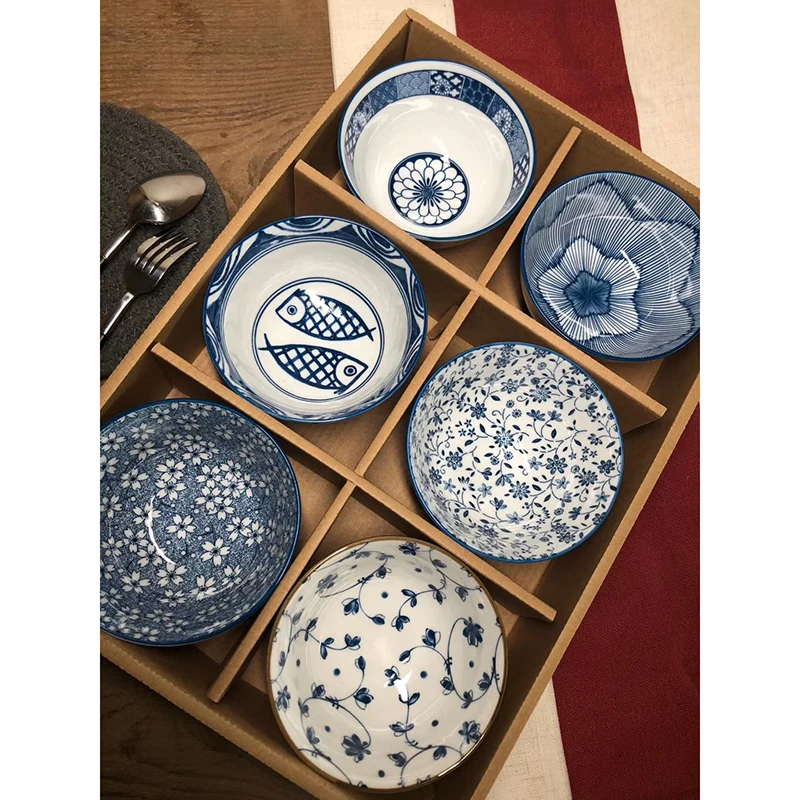 Japanese Ceramic Salad Rice Bowls, Classical Blue and White Kitchen Tableware, Household Restaurant Soup Noodle Bowl, 6Pcs Set