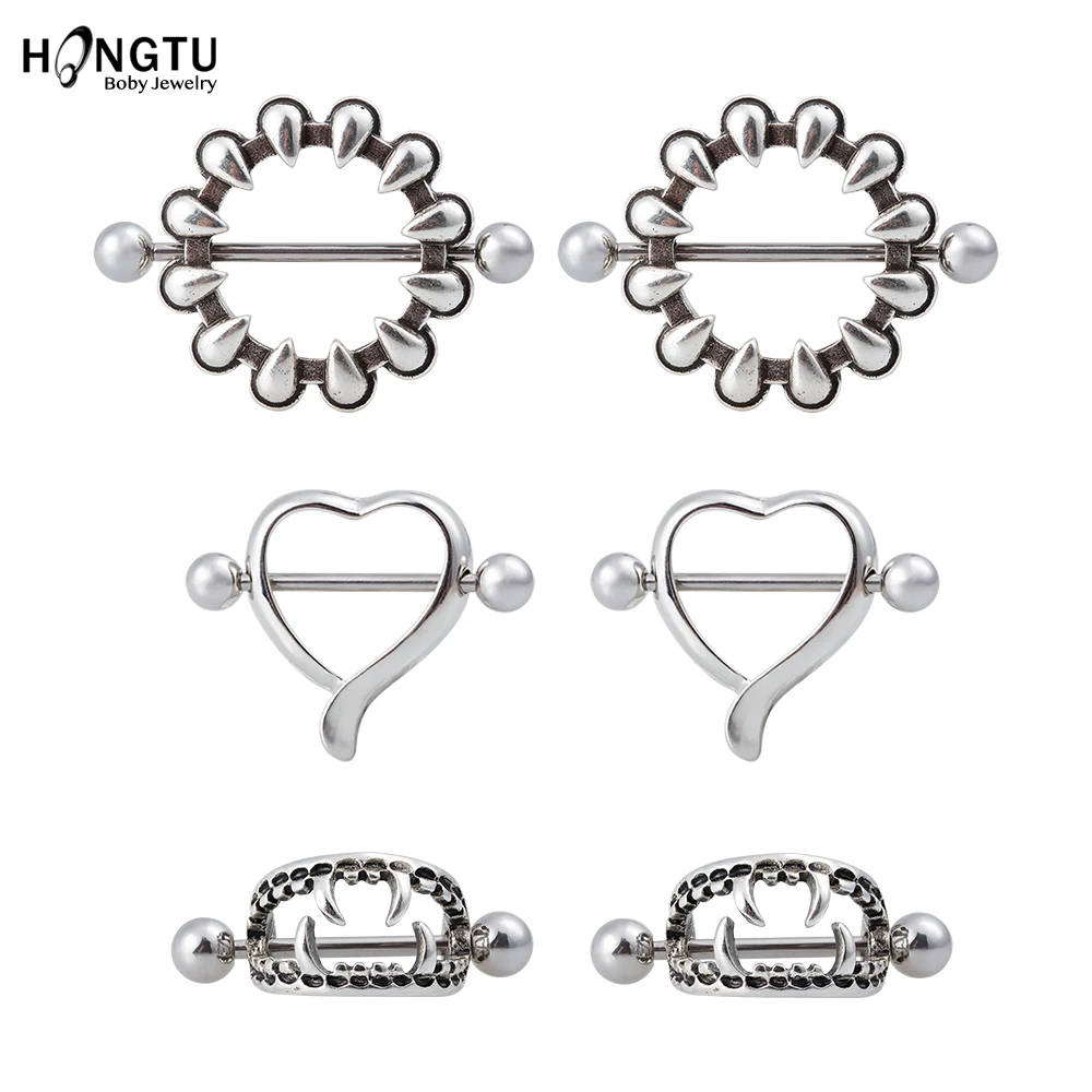 HONGTU 1Pair Love Hearts Vampire Teeth Nipple Bar Rings for Women 14g Surgical Steel Nipple Shield Piercing Ring Body Jewelry