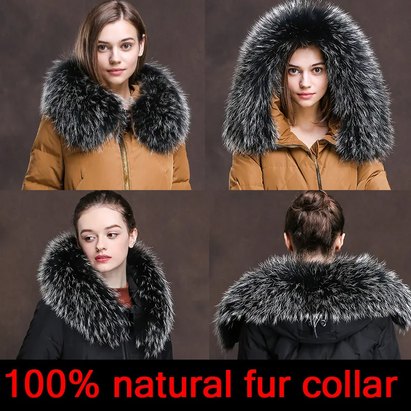 Cllikko 100% Real Fur Collar For Parkas Coats luxury Warm Natural Raccoon Scarf Women Large Fur Collar Scarves Male Jackets coat