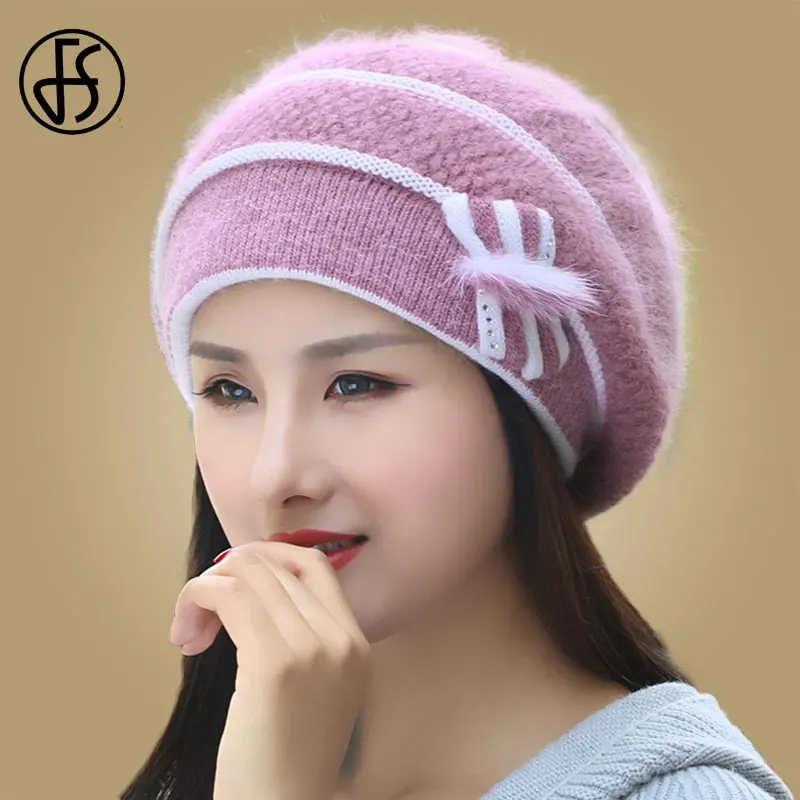 FS Winter Hats For Women Beret Angora Knit Hat Warm Flower Bow Fashion Double Layers Thermal Snow Caps Berets Femme Hiver