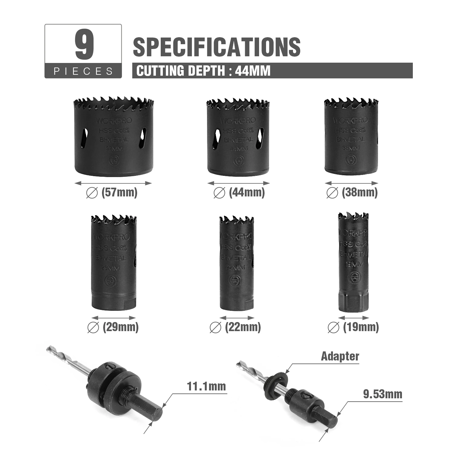 WORKPRO 9PC HSS Universal High Speed Hole Saw Set Carbide High Speed Steel Hole Saw Drill Bits For Woodworking Electric Tools