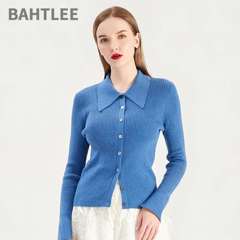 BAHTLEE-Knitted Cardigans for Women, Slim Wool Sweater, Single Breasted Jumper, Trun-Down Collar, Long Sleeves, High Elastic