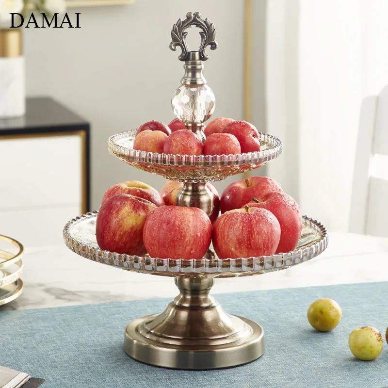 European Vintage Fruit Bowl Double Layer Classical Crystal Glass Cake Stand Living Room Coffee Table Snacks Organizer Home Decor