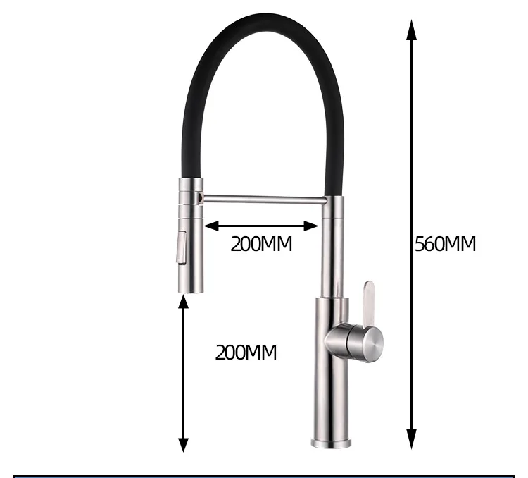 304Brushed Stainless Steel Universal Rotating Kitchen Faucet Black Hose Silicone Pull Hot and Cold Water Tank Faucet Sink Faucet