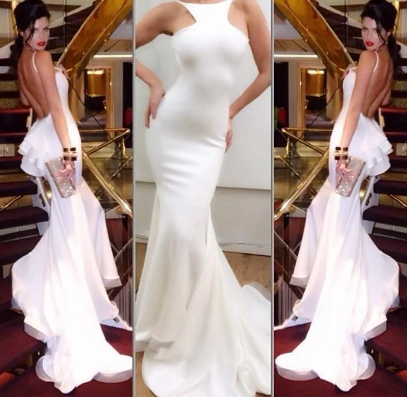 

2024 Sexy Evening Gown Halter Backless Chapel Train Ruffles Satin Prom Party Dress White Celebrity Wear Vestidos De Longo