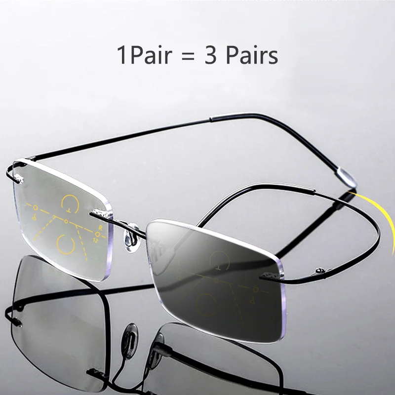 Ultralight Rimless Progressive Multifocal Reading Glasses Unisex Photochromic Anti-Blue Rays Presbyopic Eyeglasses 1.5 2.5