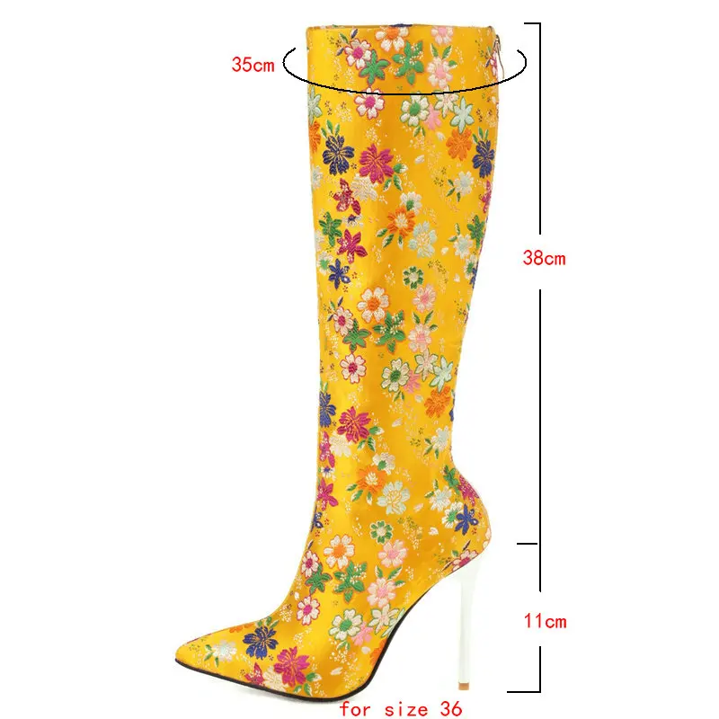 2021 Women Knee High Boots Sexy Thin High Heel Pointed Toe Ladies Calf Boots Microfiber Flower Dress Women\'s Boots Plus Size 43