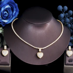 ThreeGraces Gorgeous Cubic Zirconia Gold Color Love Heart Dangle Earrings Necklace Wedding Party Jewelry Set for Women TZ677