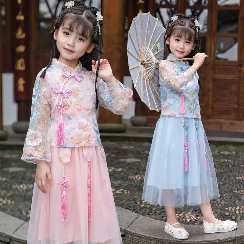 

Baby Girl Sets 2021 Spring Summer Children Chinese Style Embroidered Tang Suit Teens Kids Clothes Girls Top + Skirt 2pcs Set