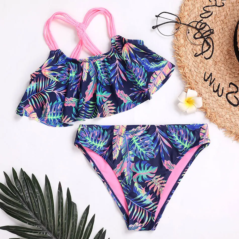 Tropical Flounce Girl Swimsuit Kids Knitted Back Two Piece Children\'s Swimwear 7-14 Years Teen Bikini Set Falbala Bathing Suits