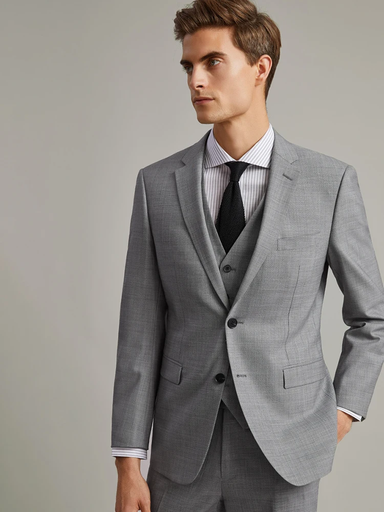 

130S 100% Wool High Quality Light Gray Men Suits Set Slim Style Wedding Groom Blazer Vest Pant Set Plus Size 44 To 58