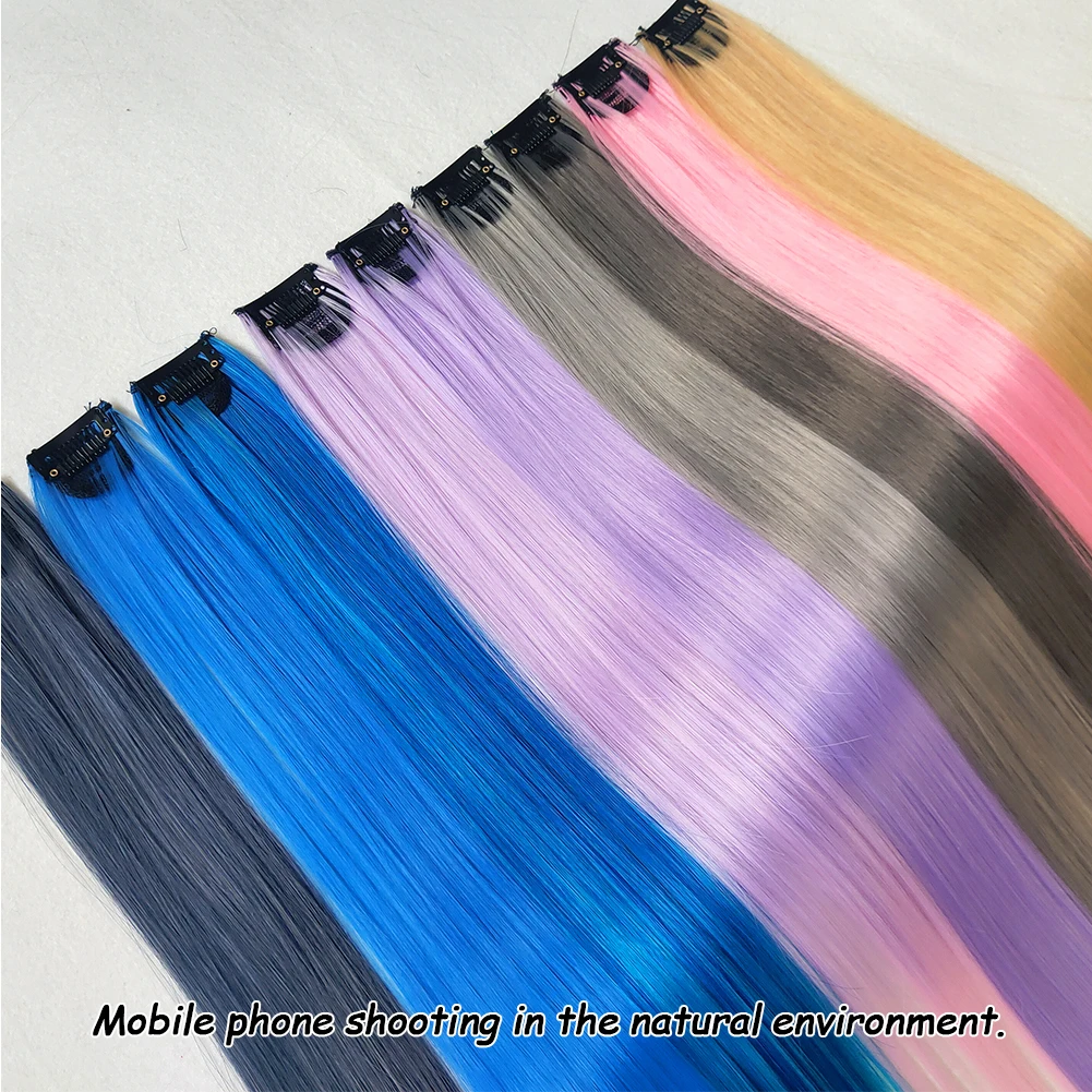 Extensiones de pelo largo de 22 pulgadas, horquillas sintéticas rectas de arcoíris, grises, azules y púrpuras, 12 colores