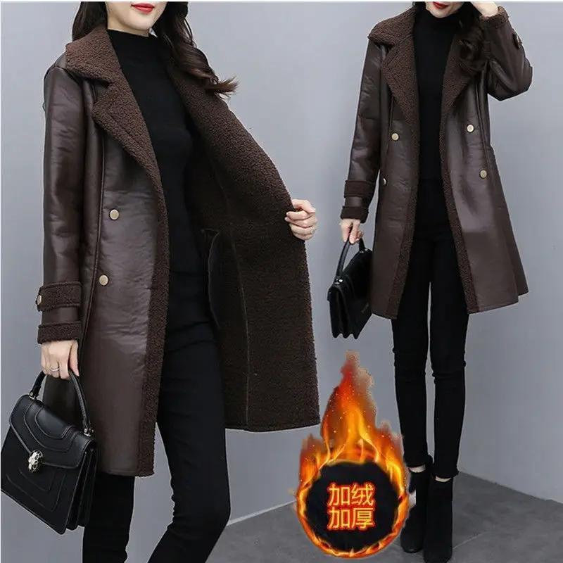 2025 Autumn Winter Jacket New Women\'s Fur One PU Leather Coats  Loose Ladies Outwear With Thicker Overcoat Female Tops