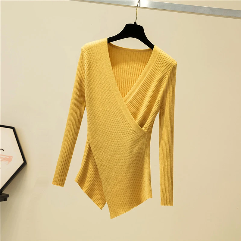 Irregular Sexy V-Neck Long Sleeve Pullover Knitted Sweater Women 2024 Winter Slim Sweaters  Knitwear Korean Woman Clothes Fall