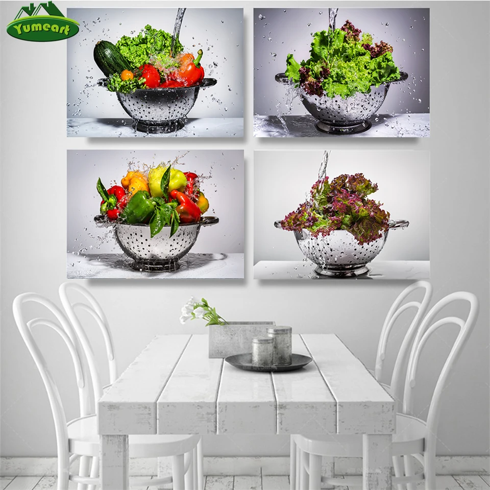 Fresh Vegetable Salad Water Splash Vegetables In Colander Under Water Kitchen Wall Art Canvas Posters Print Painting Pictures