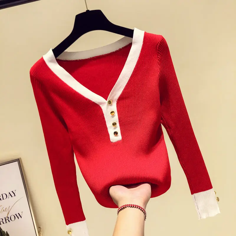 

Fashion Knit Coat Button Pullover Low V Collar Women Sweater Women's T-shirt Sweaters for Girl Pull Slim Top Cloth Shirt Clothes