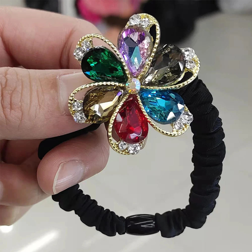 New Fashion High Elastic Rubber Band With Shiny Crystals For Women Headwear Colorful Flower To Fix Hair Trend Hair Elastic Band