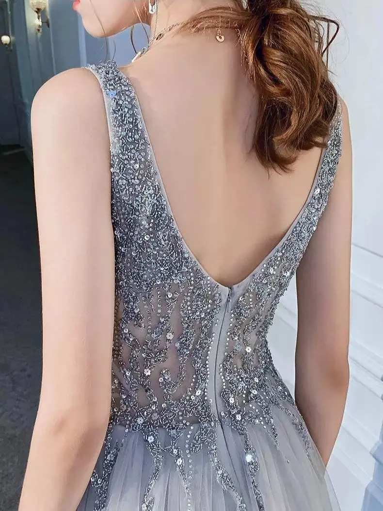 Luxury Gary Blue Evening Dresses V-Neck Lace Beading Sequined Backless Split Sleeveless Long Wedding Formal Party Prom Gowns New image 6