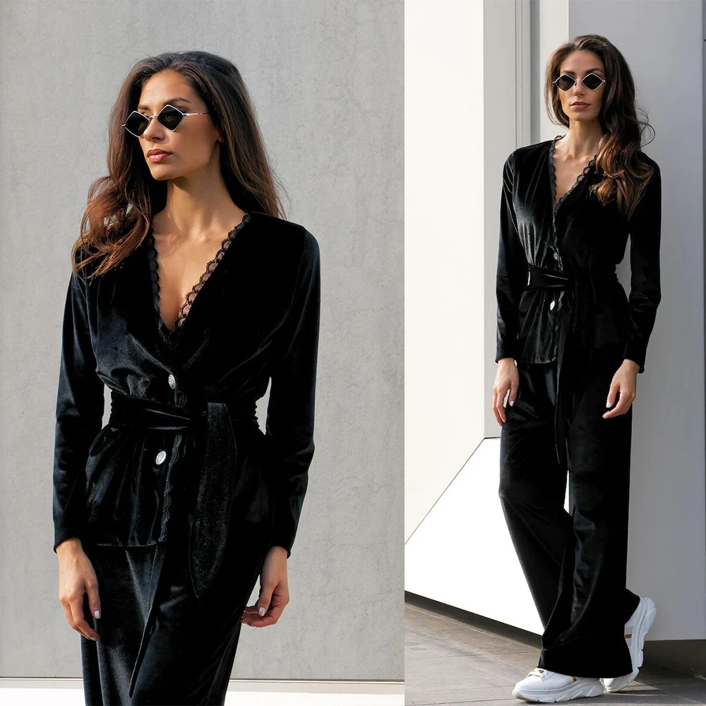 Sexy Black Women Velvet Blazer Suits Custom Made Deep V Neck 2 Pieces Set With Belt Casual Fashion Elegant Streetwear Dress