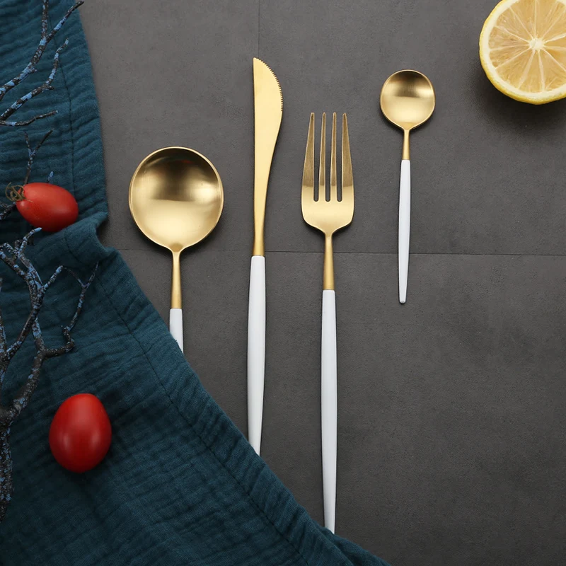 Gold Tableware Set Matter Silverware 304 Stainless Steel Cutlery Set Kitchen Dinnerware Set Knife Spoon Chopsticks Western White