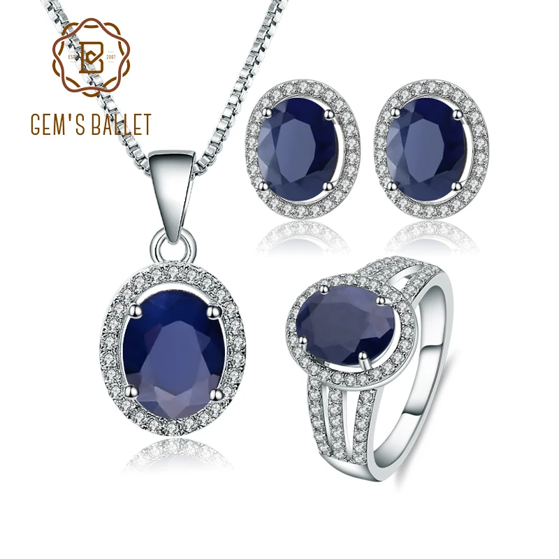 

GEM'S BALLET 8.08Ct Classic Natural Blue Sapphire Gemstone Jewelry Set 925 Sterling Silver Pendant Earrings Ring Sets For Women