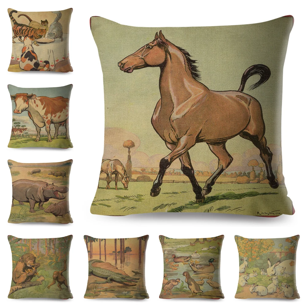 

Vintage Style Farm Animal Cushion Cover for Kids Room Sofa Home Decor Cute Cartoon Cow Horse Lion Pillow Case Linen Pillowcase