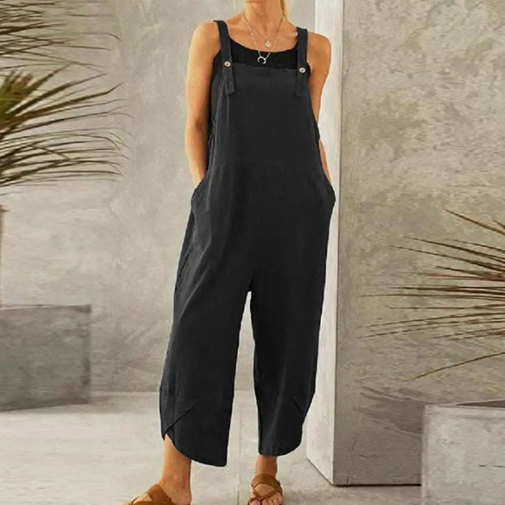 Jumpsuit Fashion Wanita Baru Musim Panas Jumpsuit Saku Tali Bahu Longgar Tanpa Lengan Kepribadian Warna Solid